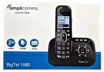 Obrázok produktu pre Amplicomms BigTel 1580 DECT slúchadlo handsfree, kompatibilné s načúvacími prístrojmi, opakované vytáčanie, LED displej záznamníka (ATL1423341)
