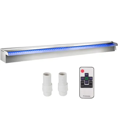 A product shot of a waterfall fountain with LED lights, along with its accessories.