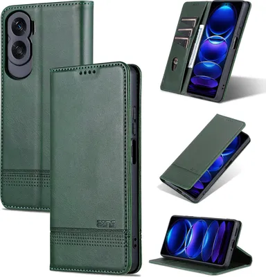 A collage of images showing a green leather phone case for an Honor 90 Lite.