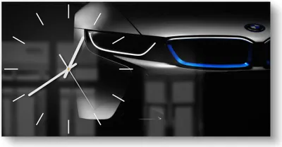 Produktbild von DEQORI Glasuhr 60x30 cm Modern 'BMW i8 Frontalaufnahme' Wanduhr Glas Uhr Design leise