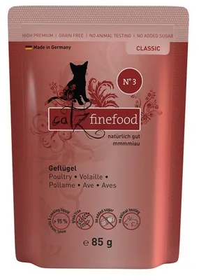 Produktbild von Catz finefood N° 3, Adult, Geflügel, 85 g, Getreidefrei, Ohne Soja, Ohne künstliche Farbstoffe