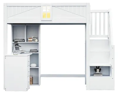 Image de Lit superposé en bois massif - Lit pour enfant - 90 x 200 cm - Espace de rangement - Porte de sécurité avec fenêtre - Échelle sécurisée - Style A - Blanc