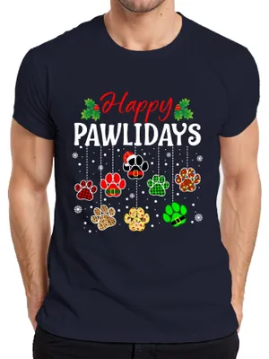 Zdjęcie produktu dla Happy Pawlidays Dogs Cats Christmas Paws Gift Śmieszna koszulka męska, granatowy, M