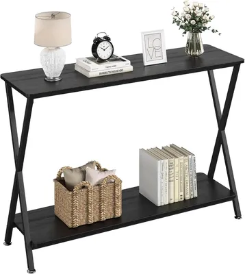 Image de Table console étroite avec étagères - Table d'appoint pour canapé à 2 niveaux - Structure en bois - Idéale pour l'entrée, le salon ou la chambre - Dimensions : 105 x 30 x 81 cm - Noir
