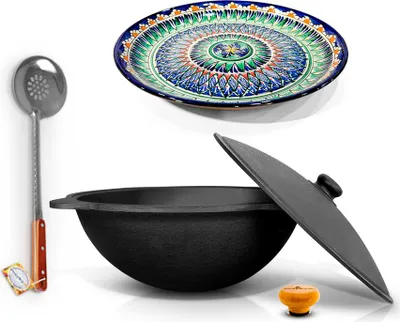 Produktbild von Gusseisen Kazan 16L Holzgriff Usbekisch Plov Kasan Schaumlöffel Ljagan Asia