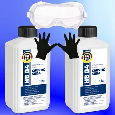 Produktbild von Ätzsoda Rohrreiniger 2x1kg Flasche Abflussfrei kaustisches Soda Natronlauge + Schutzbrille + Nitrillhandschuhe Arbeitskomfort Set HB04