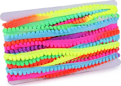 Produktbild von 1m Borte 14mm  Bommeln Ø6 mm neon / Regenbogen