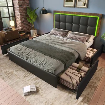 A bedroom scene featuring a bed with storage drawers and LED lighting.