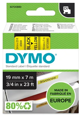 Produktbild von DYMO Original D1-Etikettenband | schwarz auf gelb | 19 mm x 7 m | selbstklebendes Schriftband | für LabelManager-Beschriftungsgerät
