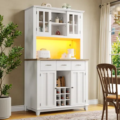 Produktbild von Flieks Küche Hochschrank Küchenbuffet mit LED, Küchenschrank Buffet mit Arbeitsplatte und Weingestell, Highboard mit Schubladen, weiß