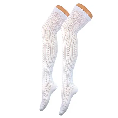 Produktbild von edle y Damen Trachten Overknees Halterlose Trachtenstrümpfe Häckellook weiß - handgekettelte Spitze – Hochzeit Oktoberfest (ONE SIZE)