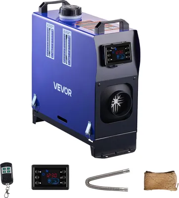 A blue and black VEVOR diesel heater with accessories laid out around it.