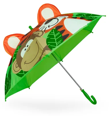 Immagine prodotto di Ombrello per bambini Relaxdays, motivo 3D con scimmia e tigre, ombrello per bambini e bambine, Ø 78 cm, ombrello a stecca, multicolore