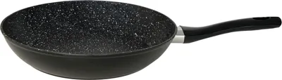 A frying pan with a speckled interior and a black handle, shown against a white background.