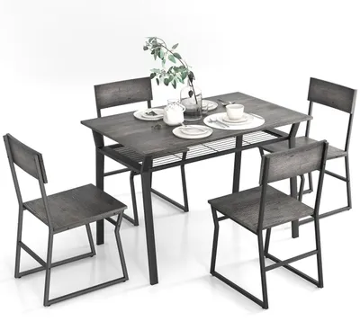 Produktbild von Esstisch Set 5-teilig mit 4 Stühlen, Metallrahmen, Unterablage, Industriedesign, Dunkelgrau