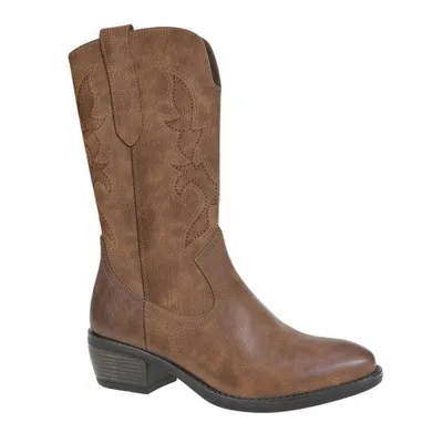 A single brown cowboy boot is shown against a white background.