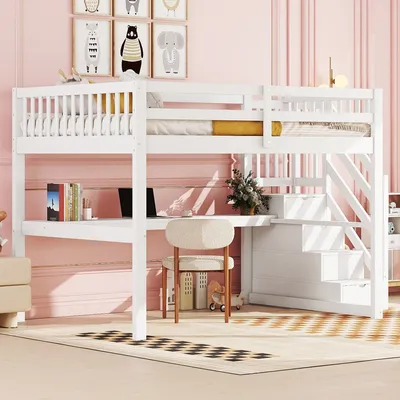 A white loft bed with a desk and stairs in a pink room.