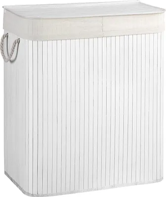 Immagine prodotto di SONGMICS Cesto per il bucato in bambù 100l cesto di smistamento a 2 scomparti, bianco