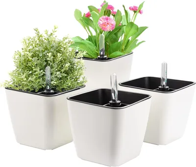 Produktbild von Kunststoff-Selbstbewässerungs-Blumentopf mit Wasseranzeige, Set mit 4 Kunststoff-Pflanzgefäßen, Selbstbewässerung, Wasserreservoir, kleine Blumentöpfe, Pflanzentöpfe für Zimmerpflanzen (A)