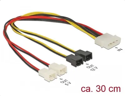 Produktbild von DeLOCK 83343, Molex (4-pin), 4 x Fan (2-pin), 0,3 m, Stecker, Stecker, Mehrfarbig