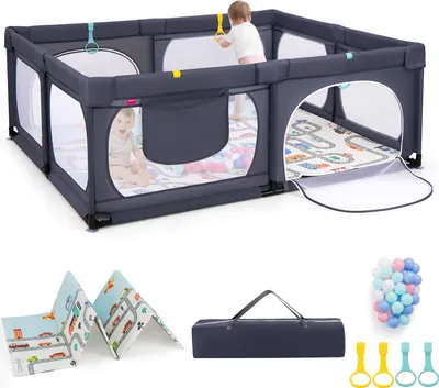 Produktbild von COSTWAY Baby-Laufstall mit Matte, 189 x 158 cm Laufgitter Spielzaun für Kleinkinder von 0–3 Jahren Dunkelgrau