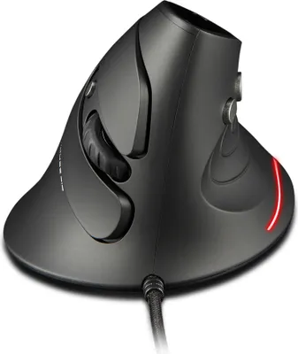 A close-up, studio shot of a black vertical mouse with a red LED light strip on the base.