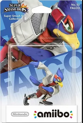A product packaging for a Nintendo amiibo figure of Falco from Super Smash Bros.