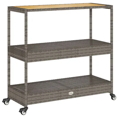 A three-tiered bar cart with a wooden top and rattan shelves, shown from a front-side angle on a white background.