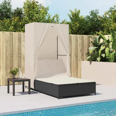 Produktbild von "im Angebot" Doppel-Sonnenliege - 2-Personen-Liegestuhl - für den Garten - mit Dach und Vorhängen Schwarz Poly-Rattan - Gartenliegen CC16926