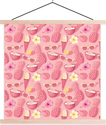 Produktbild von MuchoWow® Textilposter Sommer - Rosa - Muster 120x120 cm mit holzfarbenen Rahmen - Textil-Poster