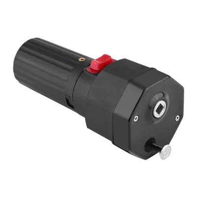 A black electric grill motor with a red button is shown against a white background.