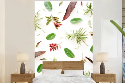 Produktbild von MuchoWow® Fototapete für Wohnzimmer oder Schlafzimmer Wandtapete Vinyl Motivtapete Tropisch - Blatt - Rot - 145x220 cm - Wanddekoration