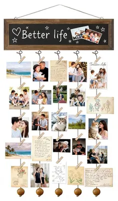 Produktbild von Fotovorhang mit 30 Holzklammern - DIY Fotogirlande zur Wanddekoration - Karbonisiertes Schwarz Weiß