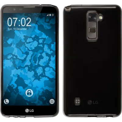 A split image showing the front and back of a black LG smartphone with a transparent case.