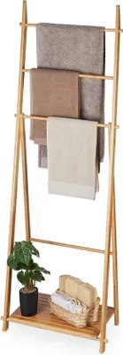 Zdjęcie produktu dla Wieszak na ręczniki 4 drążki i półka stojący wieszak na ręczniki - HBD 153 x 535 x 30 cm - Bambus - Naturalna półka łazienkowa