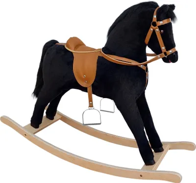 A black rocking horse with a brown saddle and bridle, set against a white background.