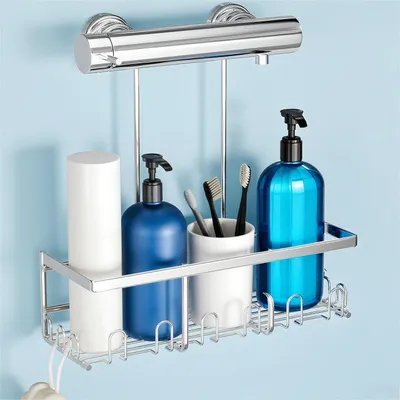 Image de Étagère de douche à suspendre, sans perçage, argentée, avec crochets