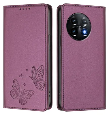 Produktbild von Lederhülle für OnePlus 11, Schmetterling Prägung Leder Brieftasche Schutzhülle mit Ständer Lila