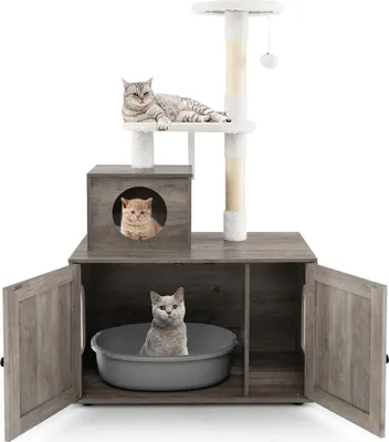 Immagine prodotto di Tiragraffi e palo tiragraffi - Mobili per gatti - Con casetta per gatti con ingresso - Tronco in sisal - 3 livelli - Palla giocattolo - Legno - Grigio