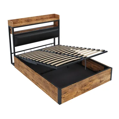 Produktbild von Flieks Jugendbett 140x200cm mit USB, Doppelbett Metallbett mit Stauraum, Hydraulisches Metallbett Klassisches Bett Stauraumbett, Schwarz