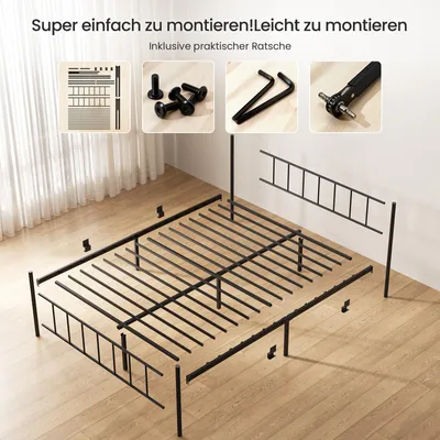 Produktbild von Bett 140 x 200 cm, Bettgestell Metall mit Kopfteil, Bettrahmen 36 cm Höhe mit 32 cm Stauraum, 14 Metalllatten, Geräuschlos, Schwarz