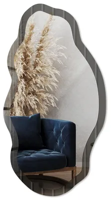 Produktbild von Dekorativer Wandspiegel mit Print, organische asymmetrische Form, 90x45 cm, moderner Designspiegel für Wohnzimmer, Flur und Schlafzimmer - Paneeltextur, KI-generiertes Bild