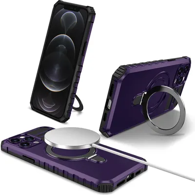Obrázek produktu pro Pouzdro pro iPhone 12 Pro magnetické s MagSafe, držák prstenu, stojánek, dvouvrstvé ochranné pouzdro Fialová