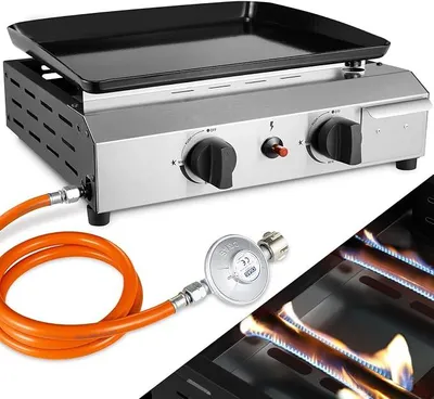 Produktbild von Gas Plancha Grillplatte, Tischgasgrill, Plancha Gasgrill Edelstahl | 2 Brenner, 4,8KW(16500 BTU), Keramische Lackbeschichtung Grillfläche, Camping Tischgrill Gas Garten, Terrasse(Butan/Propan)