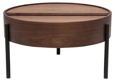 Produktbild von Miliboo - Runder Couchtisch aus dunklem Walnussholz und schwarzem Metall mit drehbarer Platte und Aufbewahrung D80 cm YOLINE