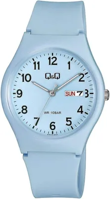 Produktbild von Q&Q Uniuhr mit Silikonarmband in hellblau, 10 Bar wasserdicht