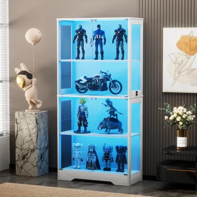 Immagine prodotto di Vetrina espositiva con illuminazione a LED, dimensioni 165x80x35 cm, 4 ripiani, 4 ante in vetro, colore bianco