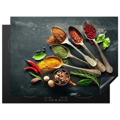 Produktbild von KitchenYeah© Herdabdeckplatte Löffel - Kräuter - Beton , 70x52cm, Küche Deko, Glaskeramikkochfeld Herdabdeckung, Abdeckplatte fùr Kochfeld
