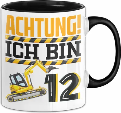 Produktbild von 12. Geburtstag Geschenk Tasse Becher Jungs Baustelle Geburtstagsgeschenk Achtung Ich Bin 12 (Schwarz)