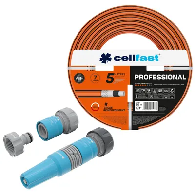 Produktbild von Cellfast-Gartenschlauch, PROFESSIONAL 3/4" 50 m + Set mit geradem Sprühkopf 3/4" IDEAL